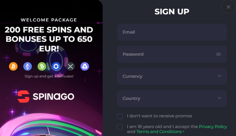 Spinago log in and register